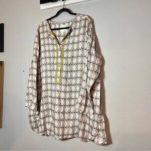 Sigrid Olsen Tunic Blouse Mini Dress Linen Size 1X Gray Tan Yellow Pattern